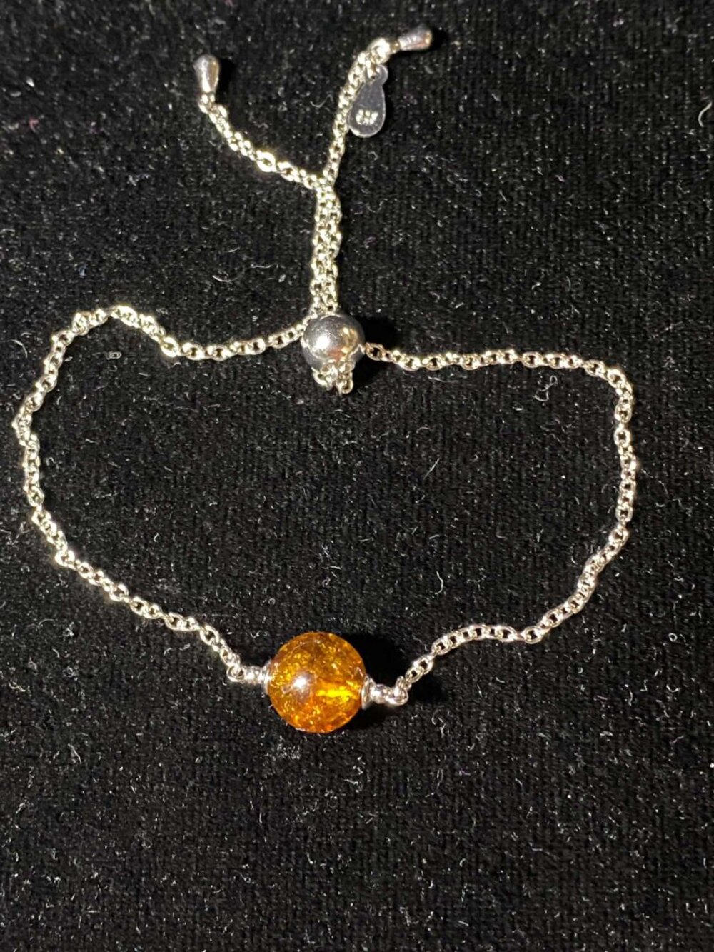 .925 Sterling Silver Natural Round Amber Ball Adjustable Dainty Bracelet Unisex